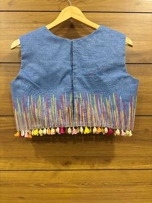 Denim Colourful thread work sleeveless blouse 3