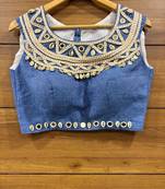 Denim Jute lace work and real mirror handwork and kodi work sleeveless blouse