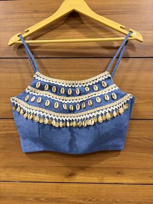 Denim Jute lace work and kodi handwork sleeveless blouse 1