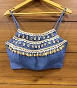 Denim Jute lace work and kodi handwork sleeveless blouse