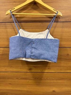 Denim Jute lace work and kodi handwork sleeveless blouse 2