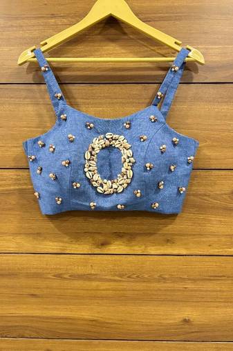 Denim Real Sea shell work Ready made sleeveless blouse