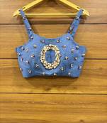 Denim Real Sea shell work Ready made sleeveless blouse