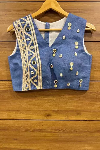 Denim jute lace and kodi handwork sleeveless blouse