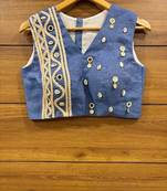 Denim jute lace and kodi handwork sleeveless blouse