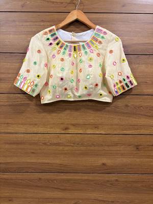 Off white real mirror work of multi colour threads sleeveless blouse 1