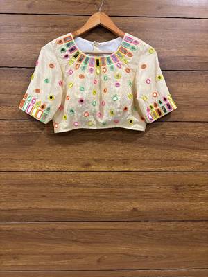 Off white real mirror work of multi colour threads sleeveless blouse 2