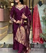 Wine Embroidered Silk Suit Set with Dupatta