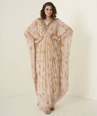 Peach georgette plain kaftan with embroidered neckline 1
