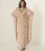 Peach georgette plain kaftan with embroidered neckline