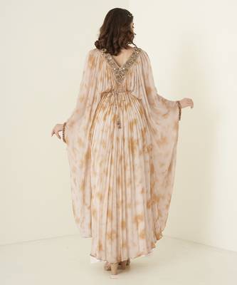 Peach georgette plain kaftan with embroidered neckline 2