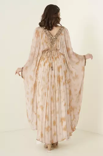 Peach georgette plain kaftan with embroidered neckline