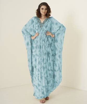 Turquoise georgette plain kaftan with embroidered neckline 1
