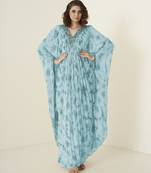 Turquoise georgette plain kaftan with embroidered neckline