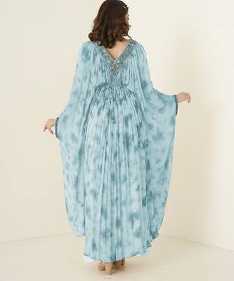 Turquoise georgette plain kaftan with embroidered neckline 2