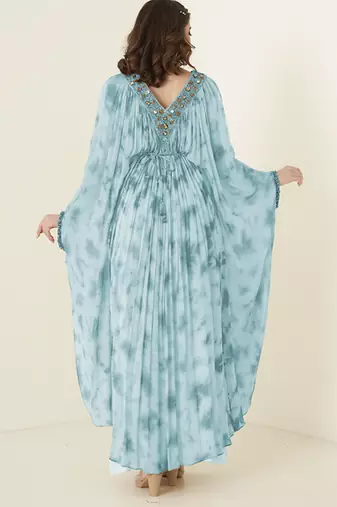 Turquoise georgette plain kaftan with embroidered neckline