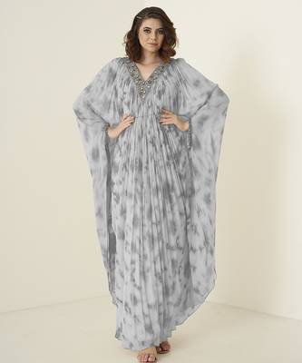 Georgette plain grey kaftan with embroidered neckline 1