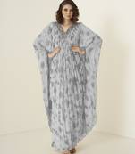 Georgette plain grey kaftan with embroidered neckline