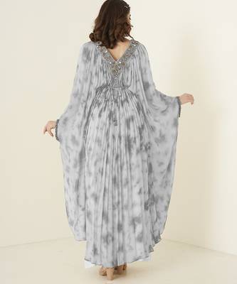 Georgette plain grey kaftan with embroidered neckline 2