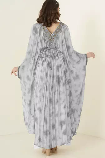 Georgette plain grey kaftan with embroidered neckline