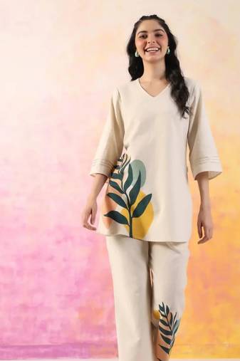 Off White Printed Cotton Flex Co-Ord Set