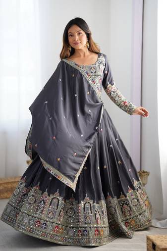 Crepe Silk Black Semi Stitch Lehenga for women