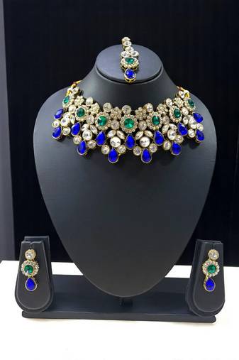 Blue and green  heavy necklace set with maangtika