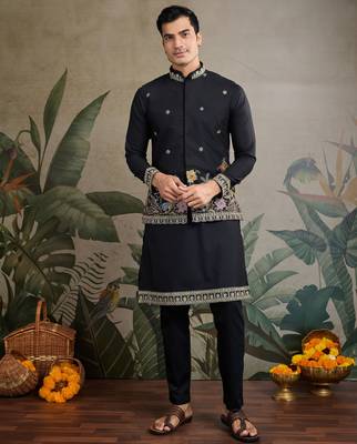 Black pure cotton thread with sequence embroidered work kurta with koti for men 1