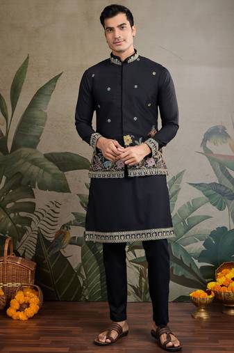 Black pure cotton thread with sequence embroidered work kurta with koti for men