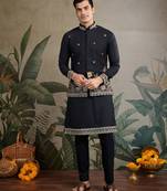 Black pure cotton thread with sequence embroidered work kurta with koti for men