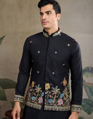 Black pure cotton thread with sequence embroidered work kurta with koti for men 2