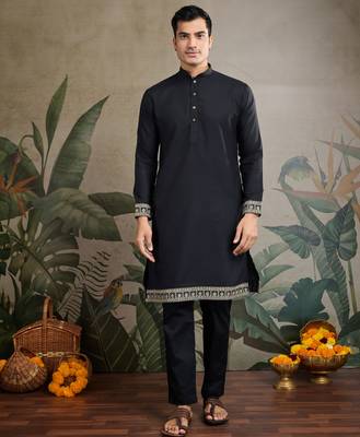 Black pure cotton thread with sequence embroidered work kurta with koti for men 4