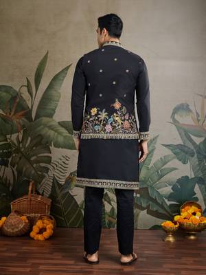 Black pure cotton thread with sequence embroidered work kurta with koti for men 5
