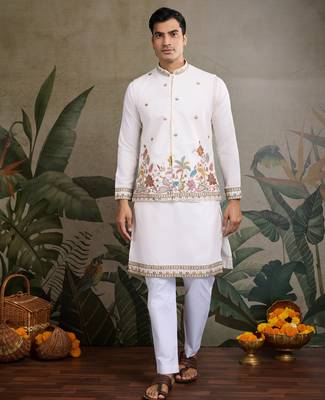 White pure cotton thread with sequence embroidered work kurta with koti for men 1