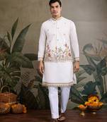 White pure cotton thread with sequence embroidered work kurta with koti for men
