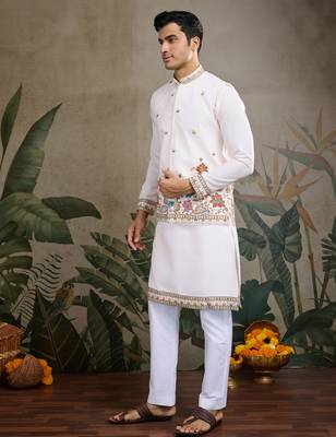 White pure cotton thread with sequence embroidered work kurta with koti for men 2