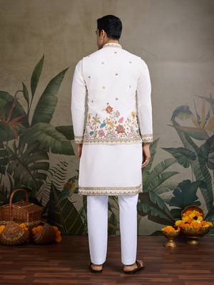 White pure cotton thread with sequence embroidered work kurta with koti for men 3