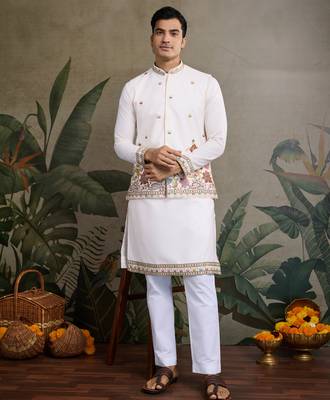 White pure cotton thread with sequence embroidered work kurta with koti for men 4