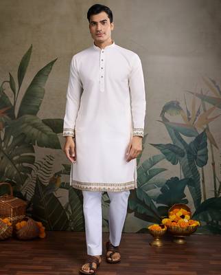 White pure cotton thread with sequence embroidered work kurta with koti for men 5