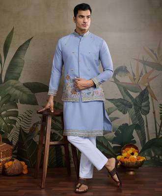 Sky blue pure cotton thread with sequence embroidered work kurta with koti for men 1