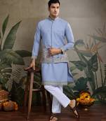 Sky blue pure cotton thread with sequence embroidered work kurta with koti for men