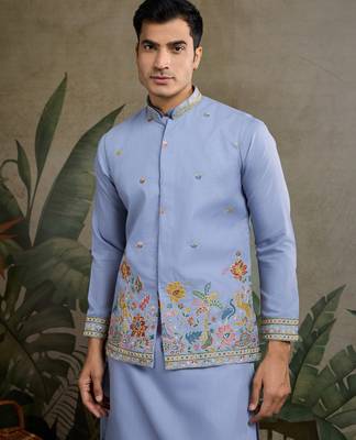 Sky blue pure cotton thread with sequence embroidered work kurta with koti for men 2