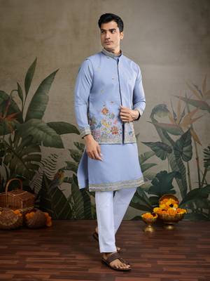 Sky blue pure cotton thread with sequence embroidered work kurta with koti for men 3