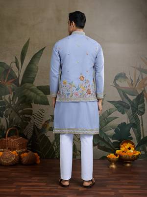 Sky blue pure cotton thread with sequence embroidered work kurta with koti for men 4