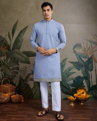 Sky blue pure cotton thread with sequence embroidered work kurta with koti for men 5