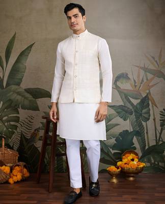 Off white viscose silk sequence with self weaving jacquard design work kurta with koti for men 1