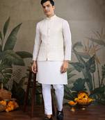 Off white viscose silk sequence with self weaving jacquard design work kurta with koti for men