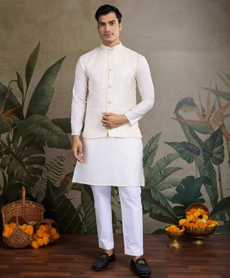 Off white viscose silk sequence with self weaving jacquard design work kurta with koti for men 2