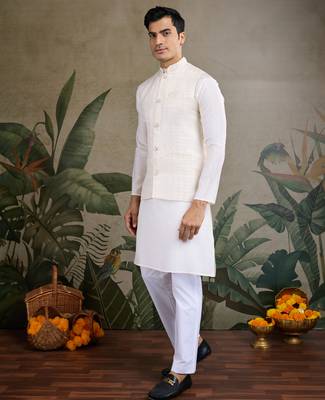 Off white viscose silk sequence with self weaving jacquard design work kurta with koti for men 3