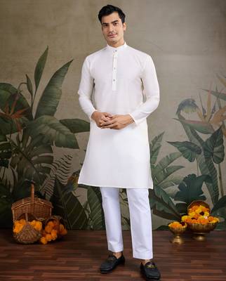 Off white viscose silk sequence with self weaving jacquard design work kurta with koti for men 4